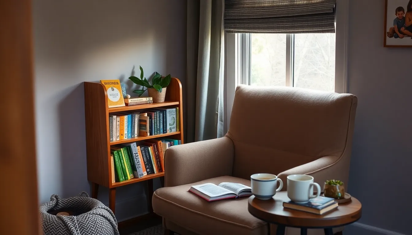 cozy reading nook with sustainable living books and a potted plant.