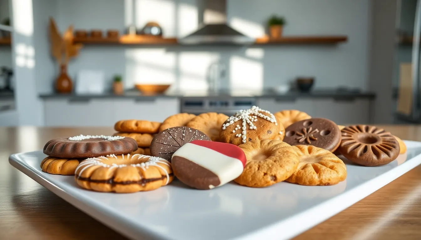 variety of traditional and modern Dutch cookies on a white platter.