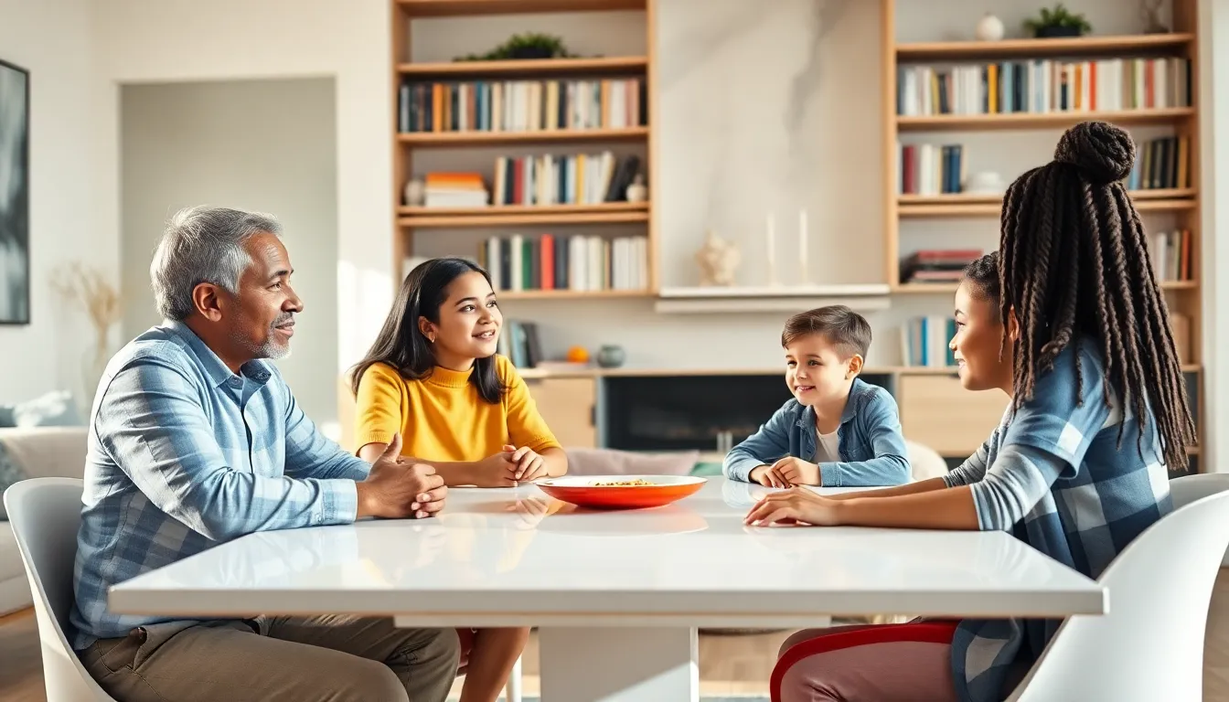 diverse family discussing parenting ideas at a dining table.