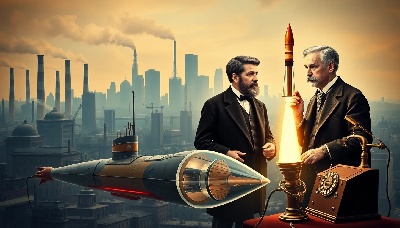 futurists discussing predictions against an industrial backdrop.