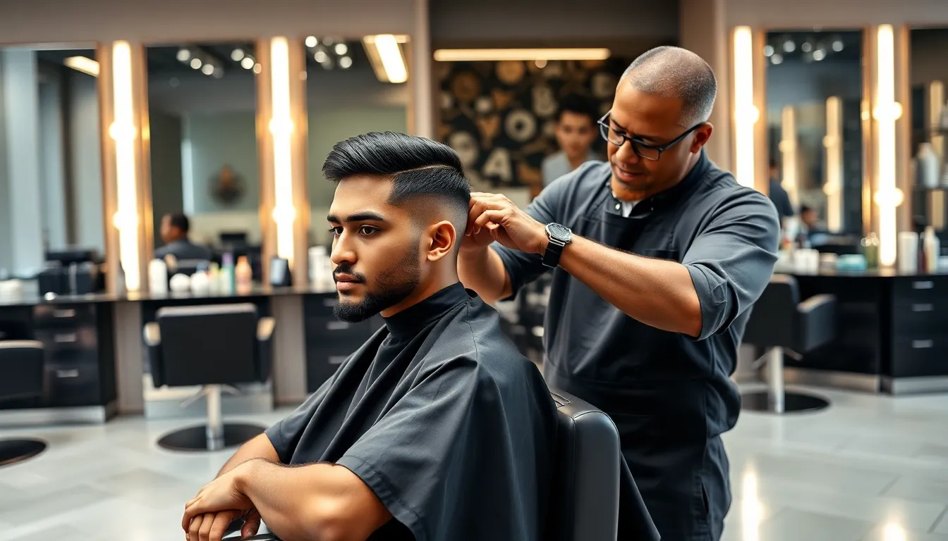 Barber cutting a client's straight hair in a modern barbershop.