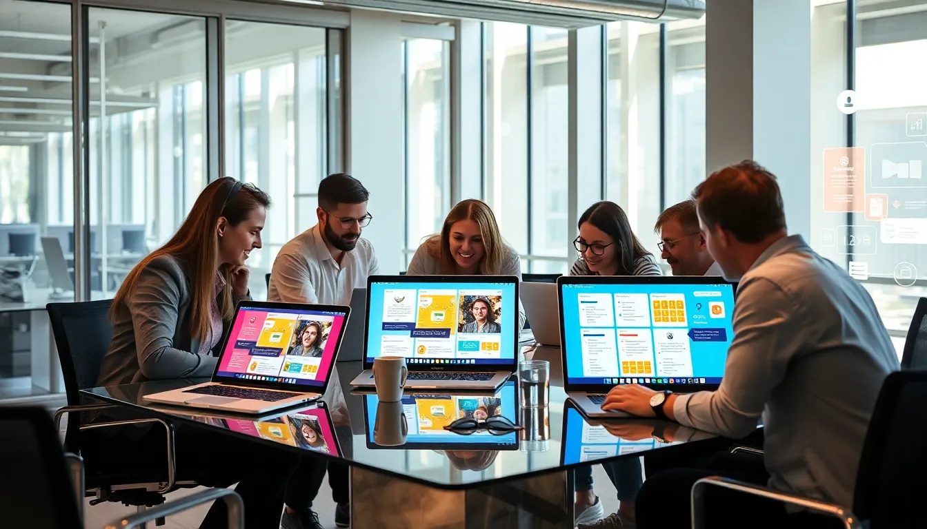 diverse team collaborating on software applications in a modern office.