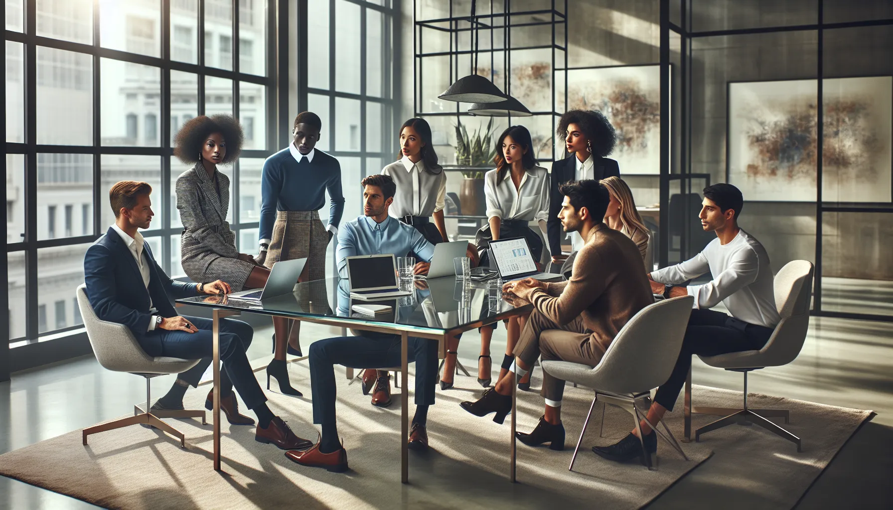 diverse professionals collaborating on &eta;&theta;&phi;&phi; &pi;&omicron;&sigma;&tau; in a modern office.