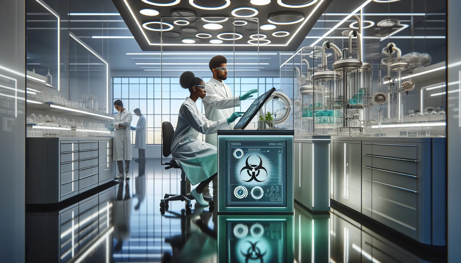team analyzing biohazard data in a modern lab environment.