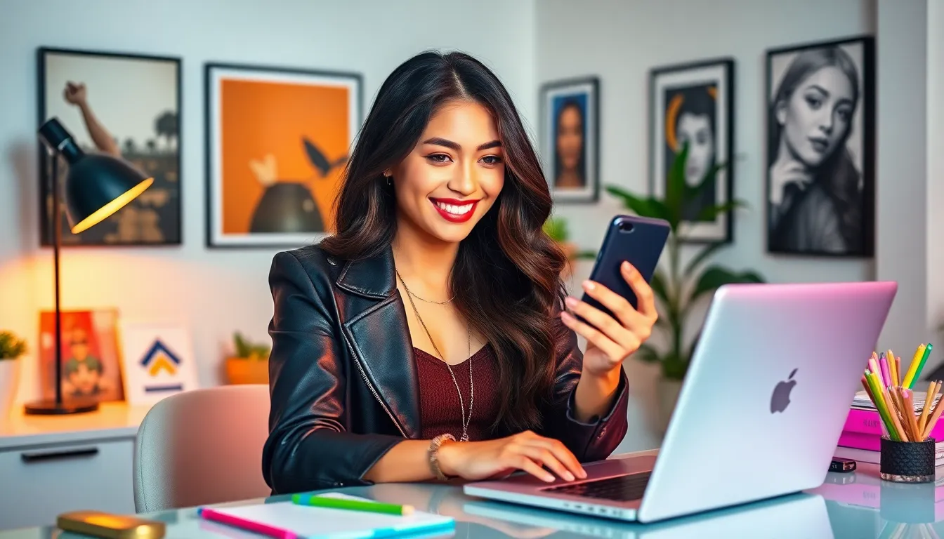 a confident young woman engaging with her audience in a modern workspace.