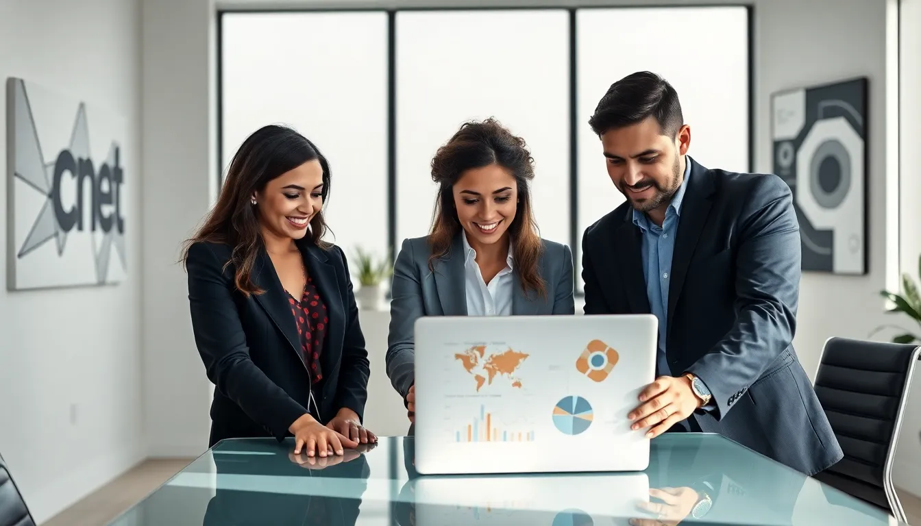 diverse professionals discussing technology in a modern office.