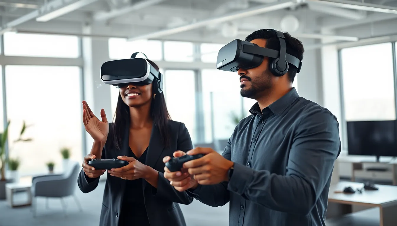 professionals using virtual reality technology in a modern office.