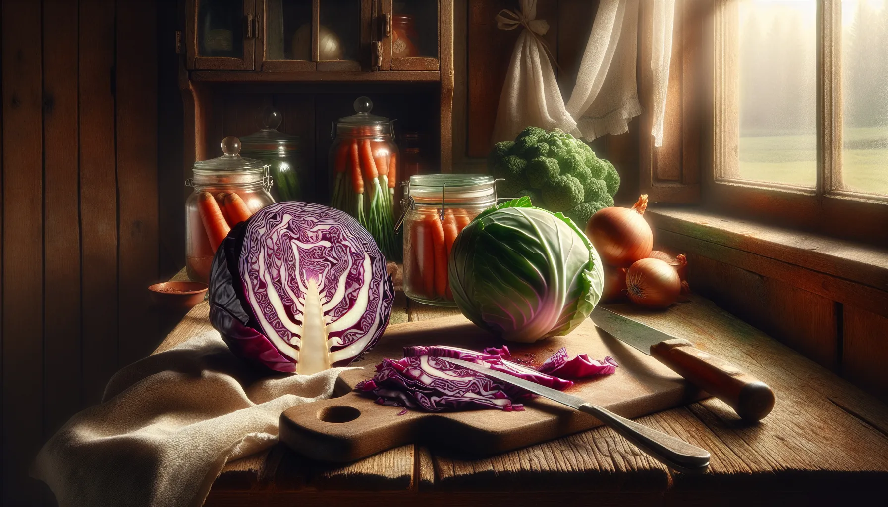 A red and green cabbage on a rustic wooden counter in a warm kitchen setting.