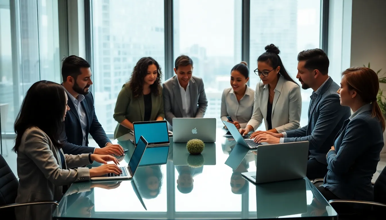 diverse team discussing innovative technology in a modern office.