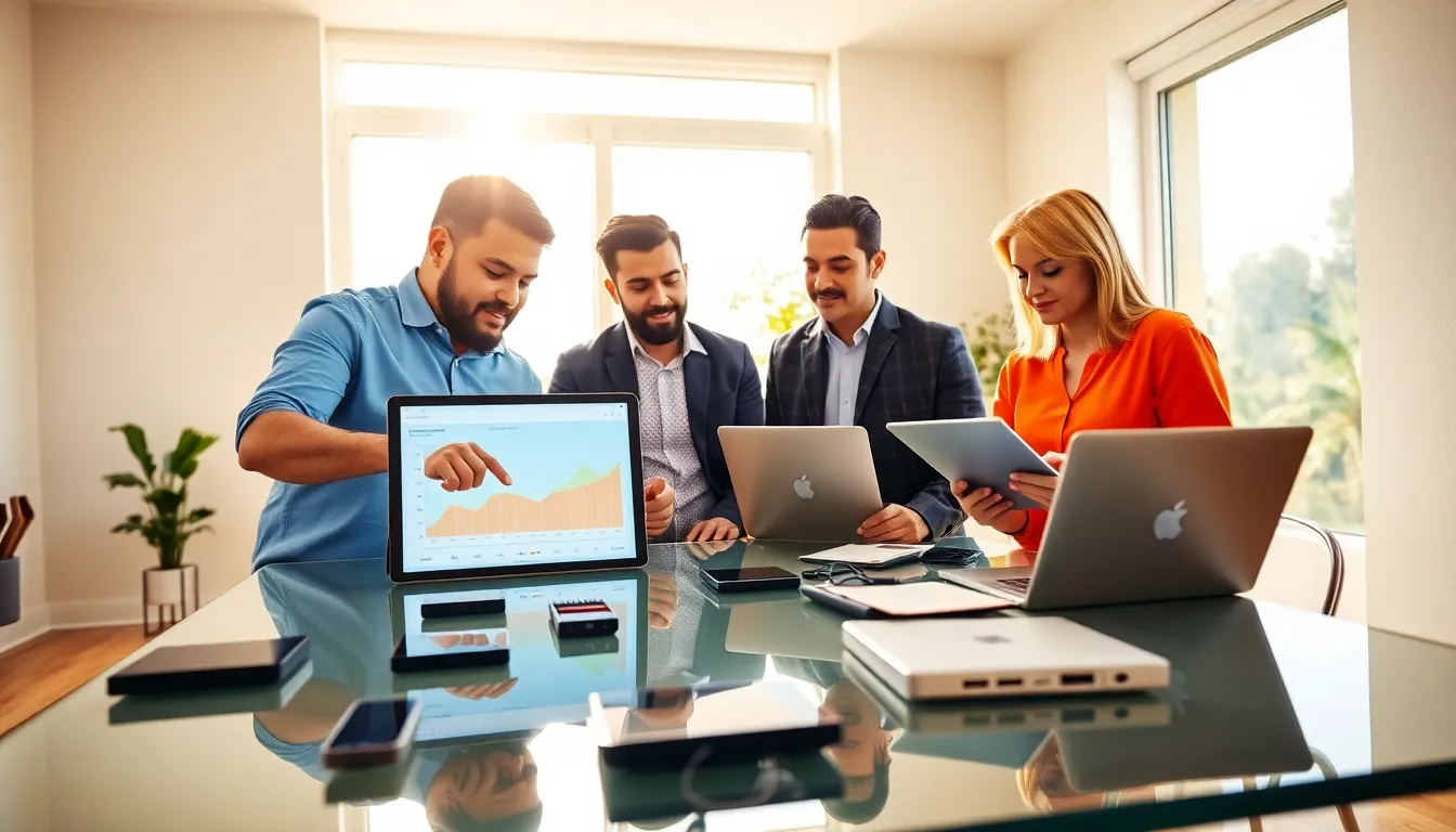 professionals discussing energy management using LotsOfPower Net in a modern office.