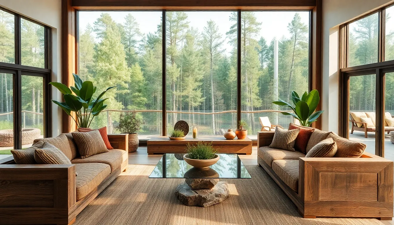a cozy living room with woodland decor and natural lighting.