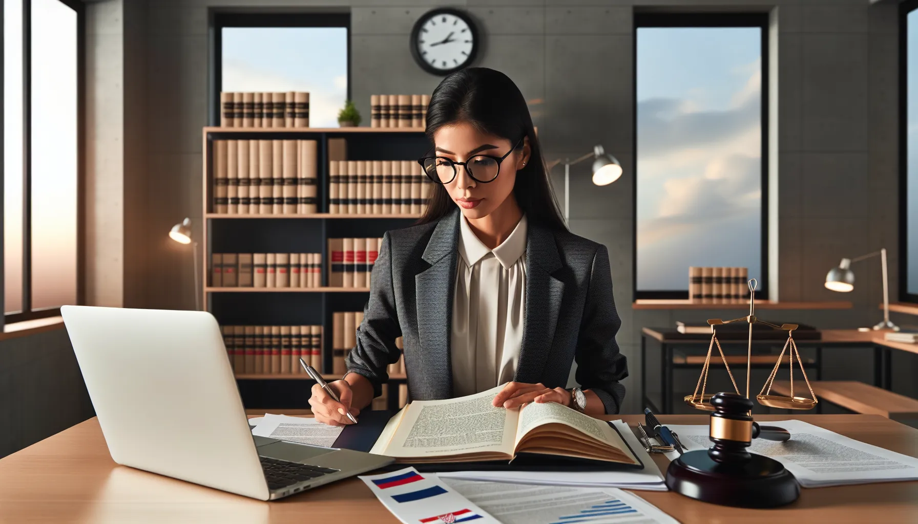 Croatian lawyer reviewing legal documents at modern office desk