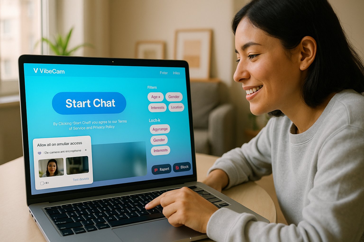 Person about to click Start Chat on a colorful VibeCam landing page.