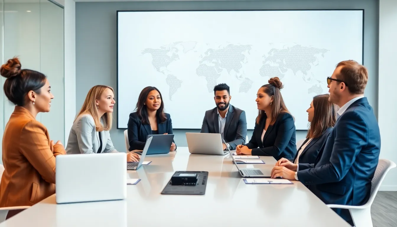 diverse professionals discussing global issues in a modern office.