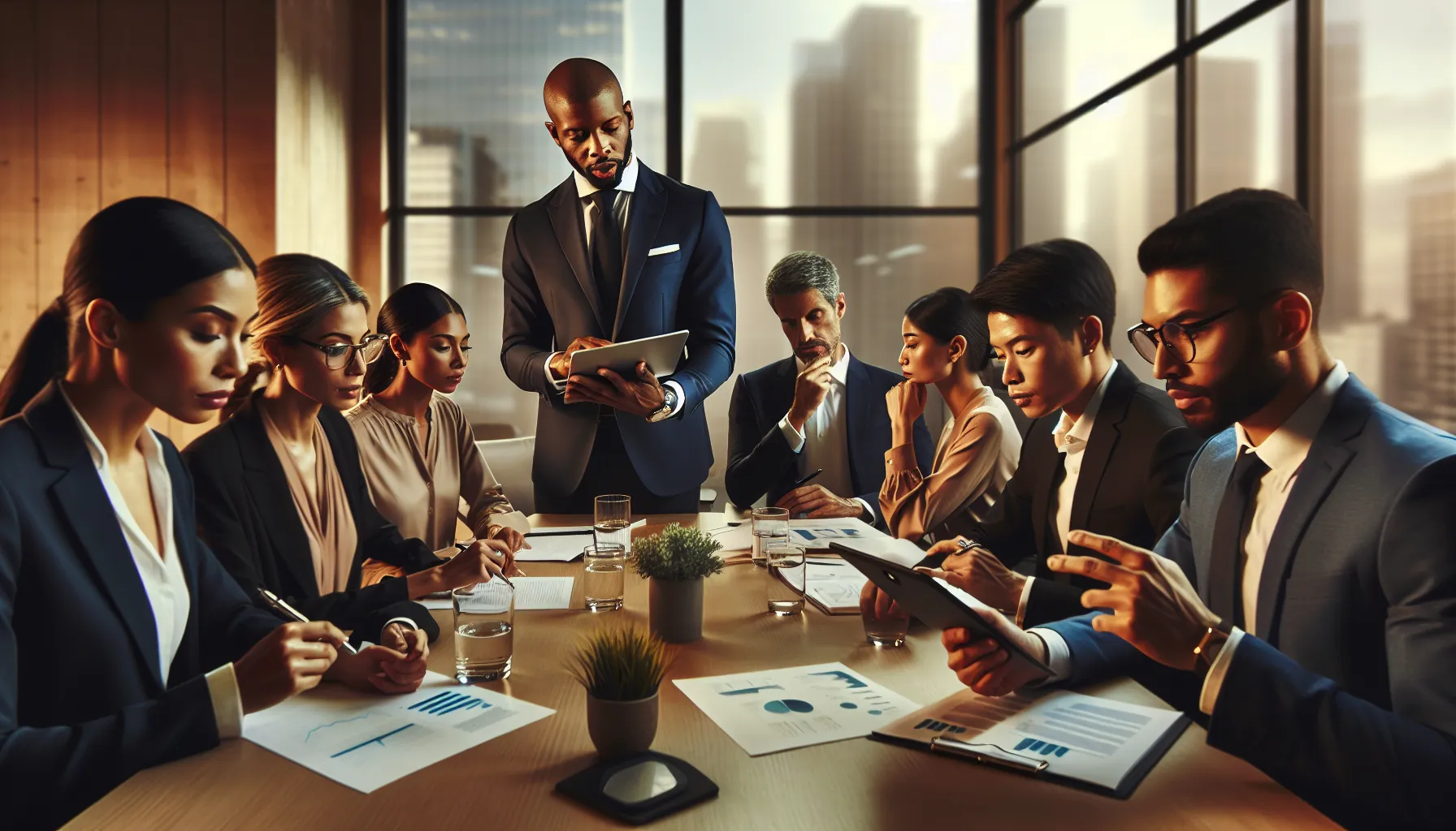a diverse group of professionals discussing important data in a bright meeting room.