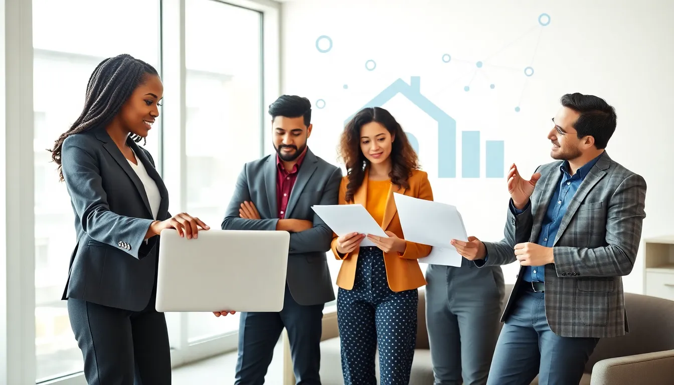 diverse young professionals discussing FHA student loans in a modern office.