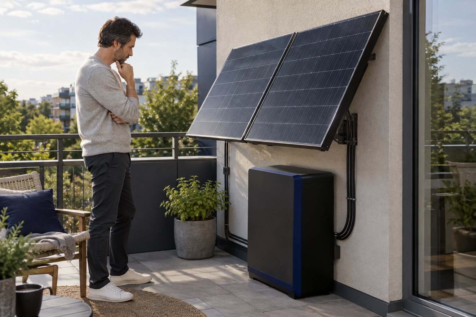 Hausbesitzer prüft einen nachgerüsteten Speicher an bestehenden Balkonsolarmodulen
