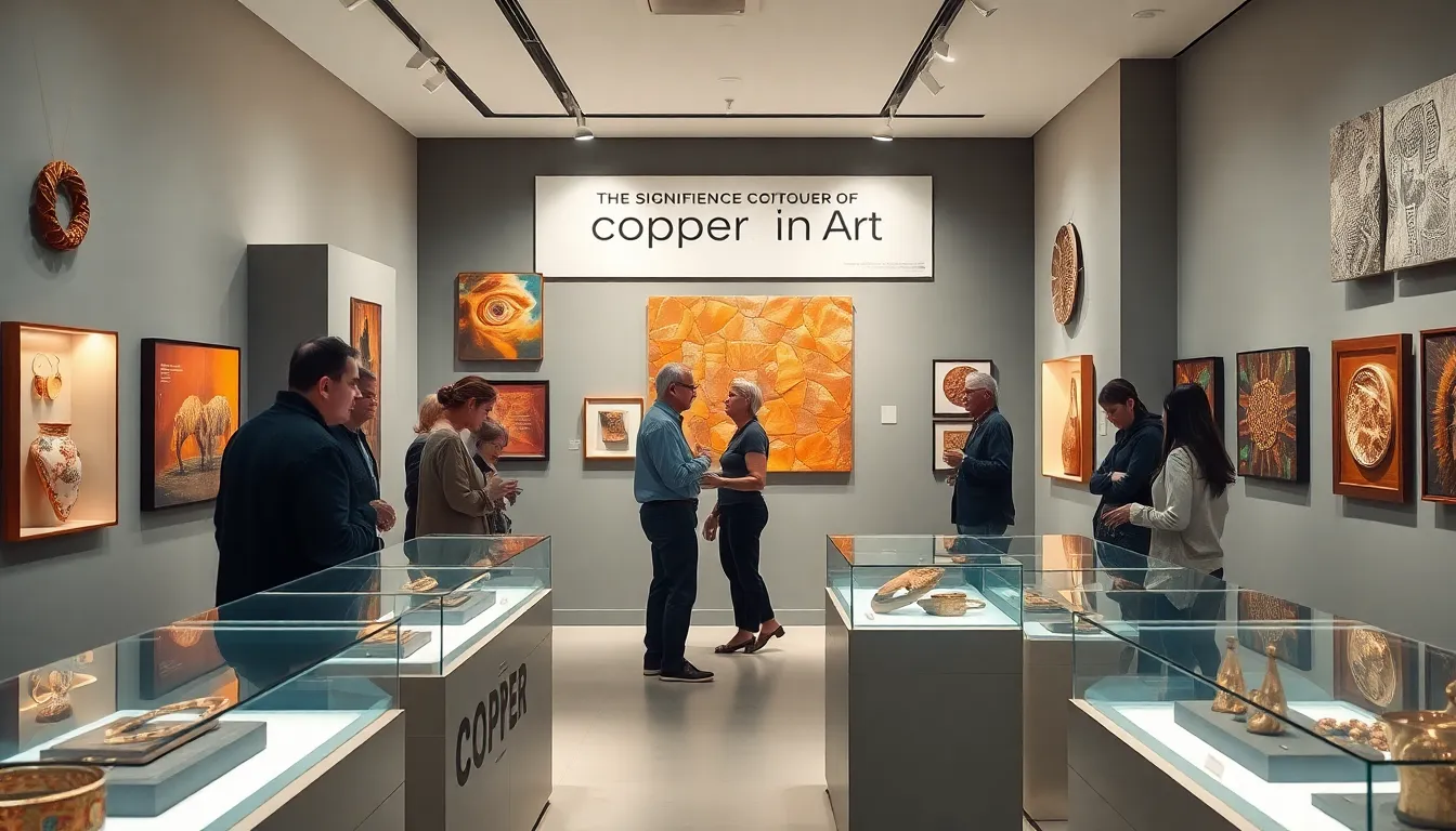 diverse group discussing copper artworks in a modern gallery.