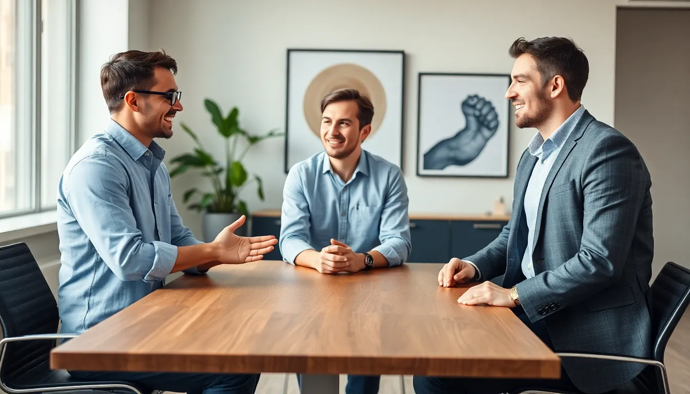 three men discussing mental health in a modern office.