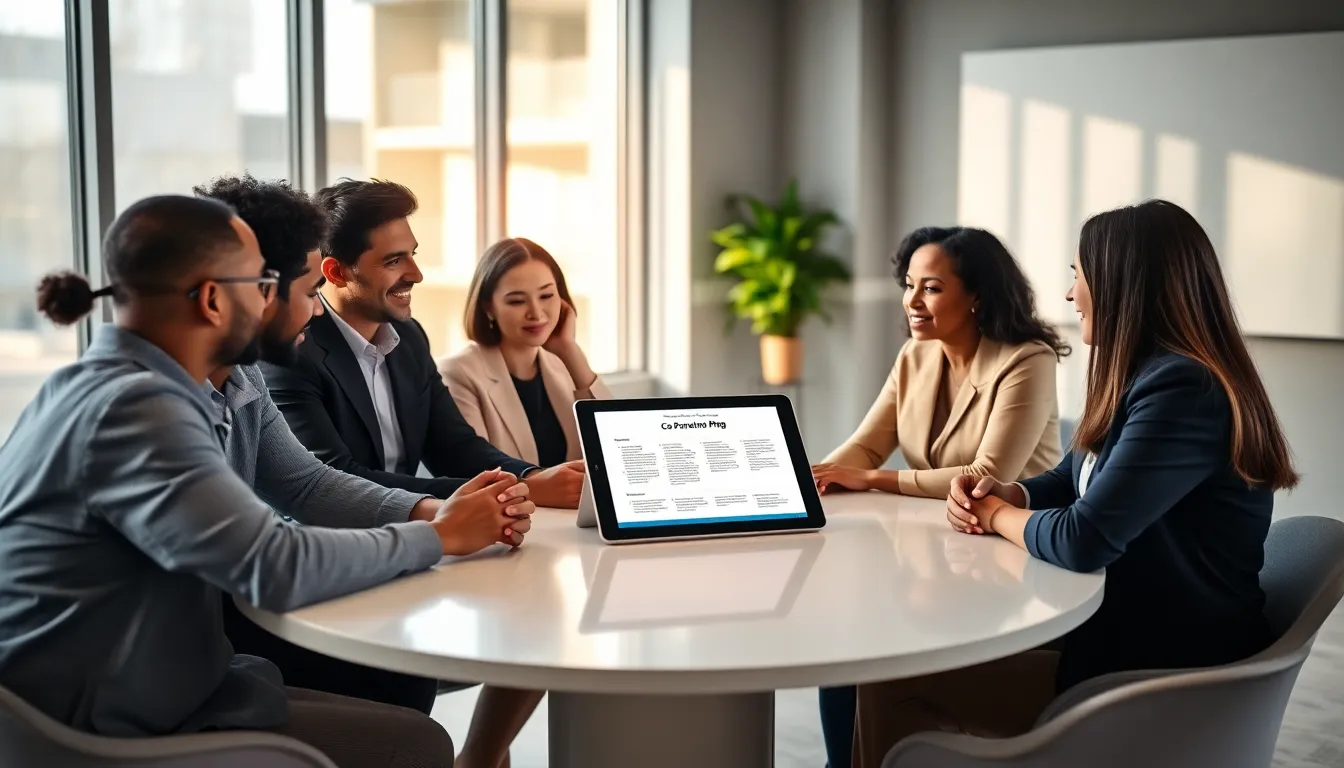 diverse parents discussing co-parenting strategies in a modern office.