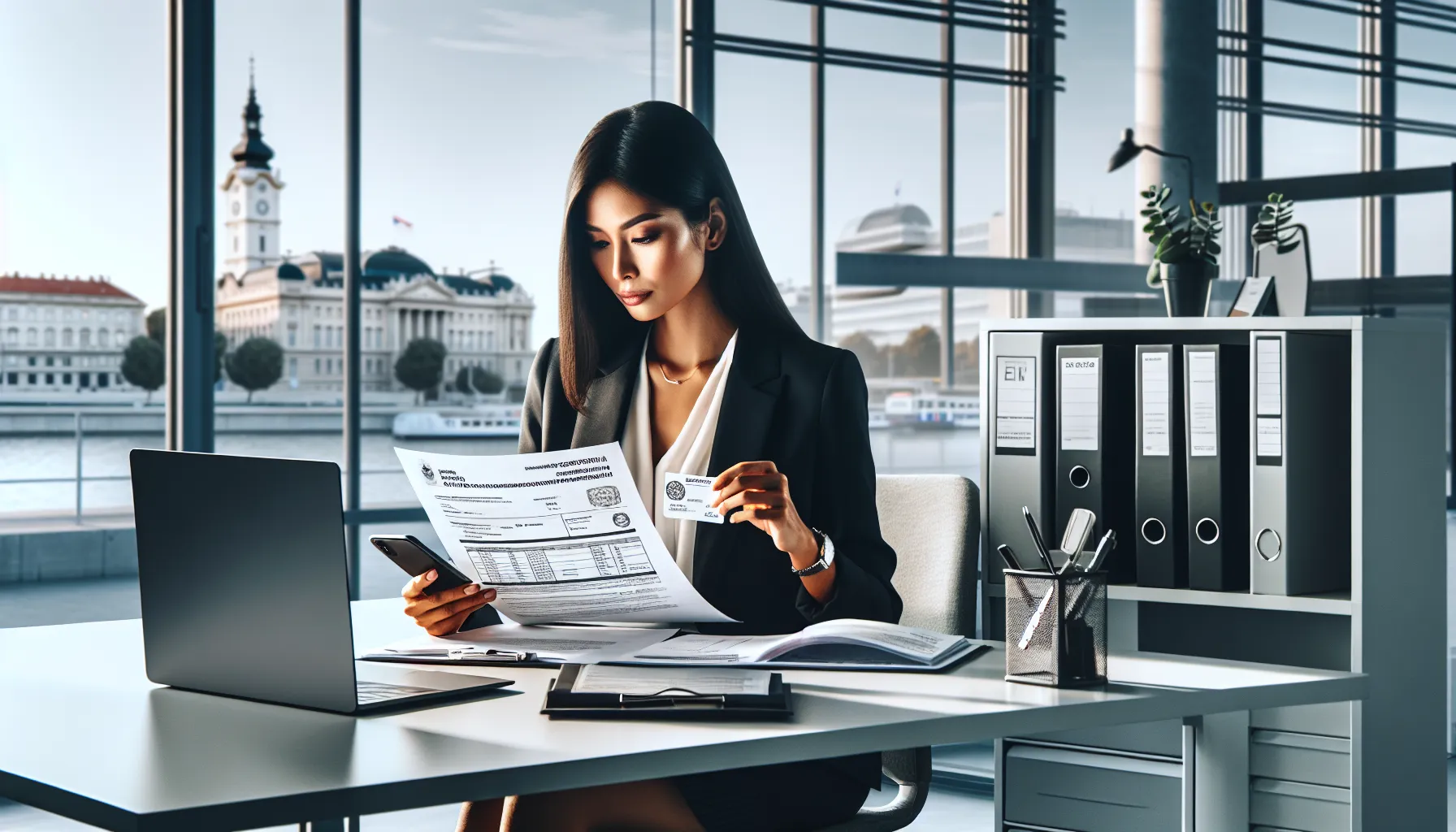 Croatian office worker reviewing transport fare confirmation document at modern desk