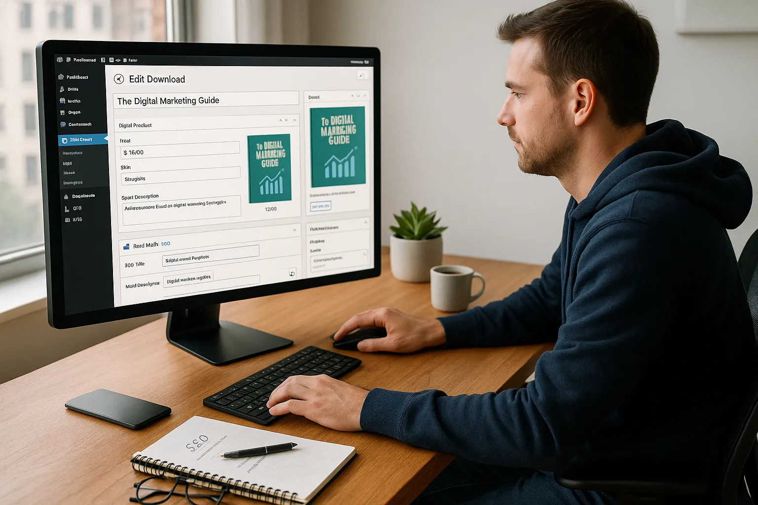 Marketer configures RankMath SEO for an Easy Digital Downloads product in WordPress.