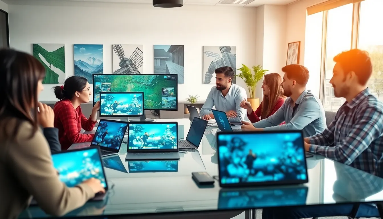 diverse team of game developers collaborating in a modern office.