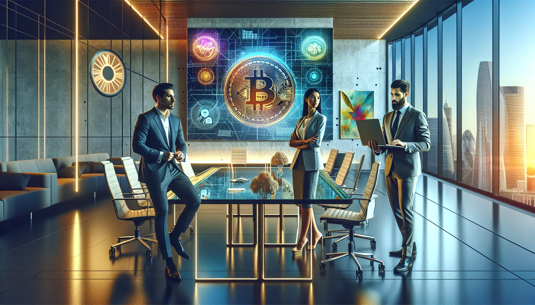 professionals betting with cryptocurrency in a modern office.