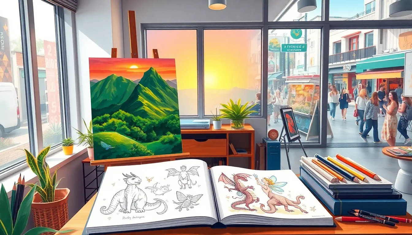 art studio showcasing diverse drawing themes of nature, fantasy, and urban life.