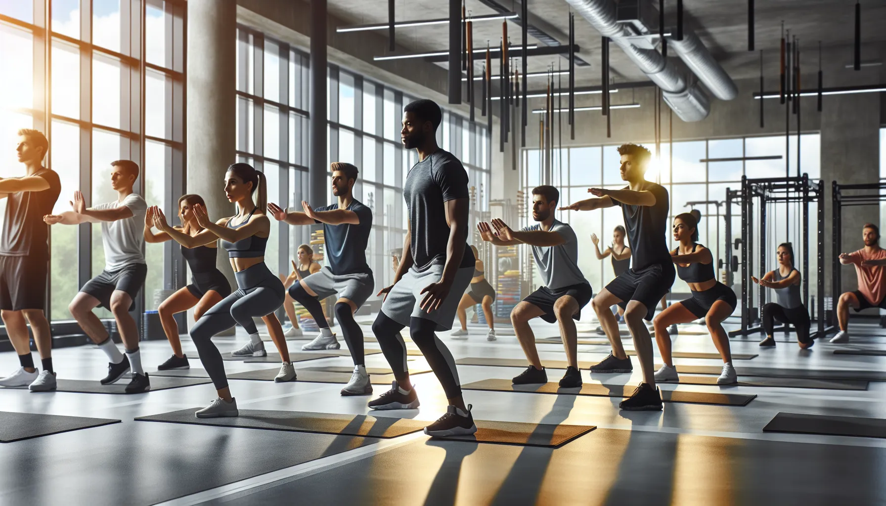 diverse team practicing physical training in a modern gym.