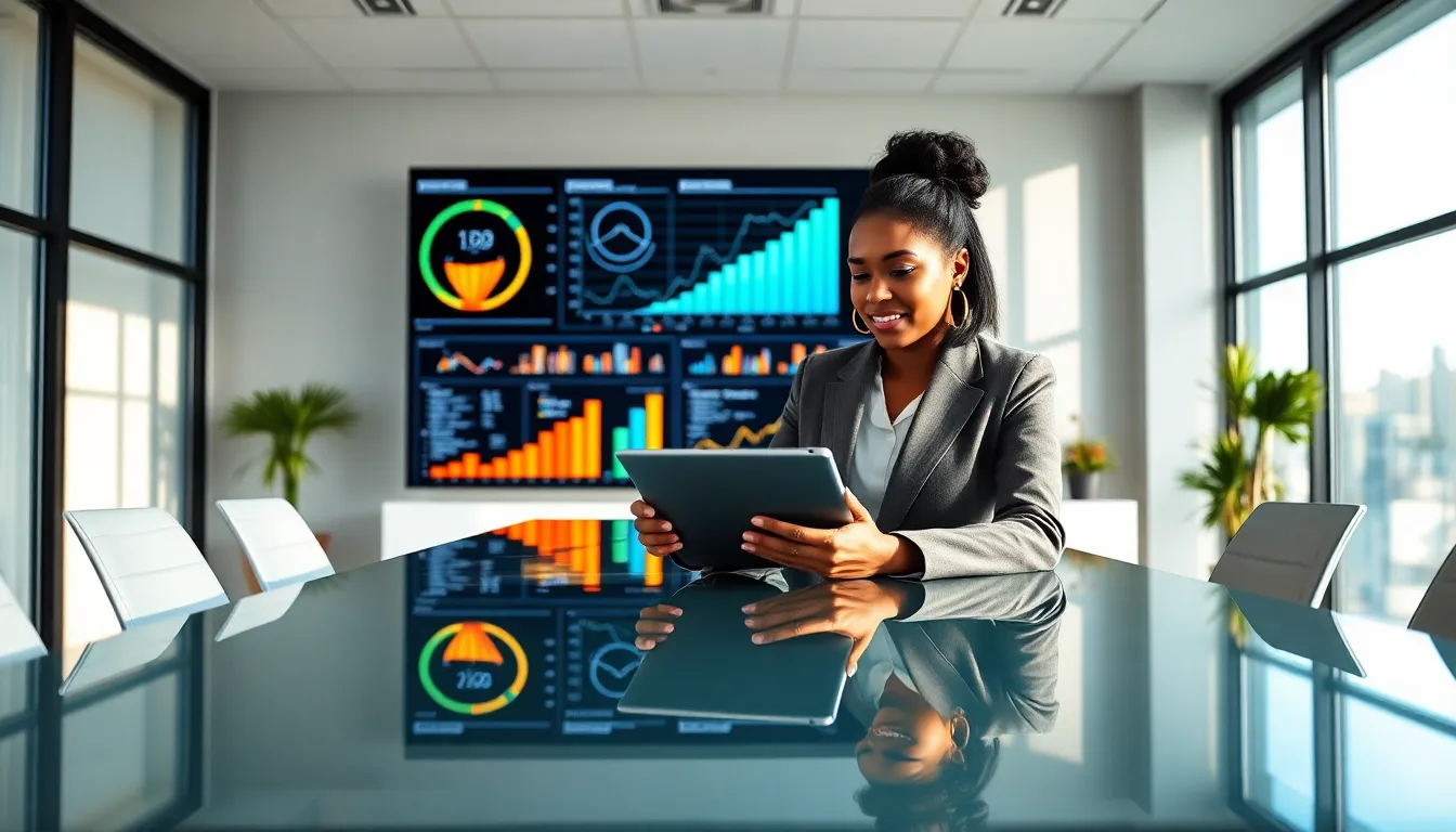 business professional using a digital tablet in a modern office.