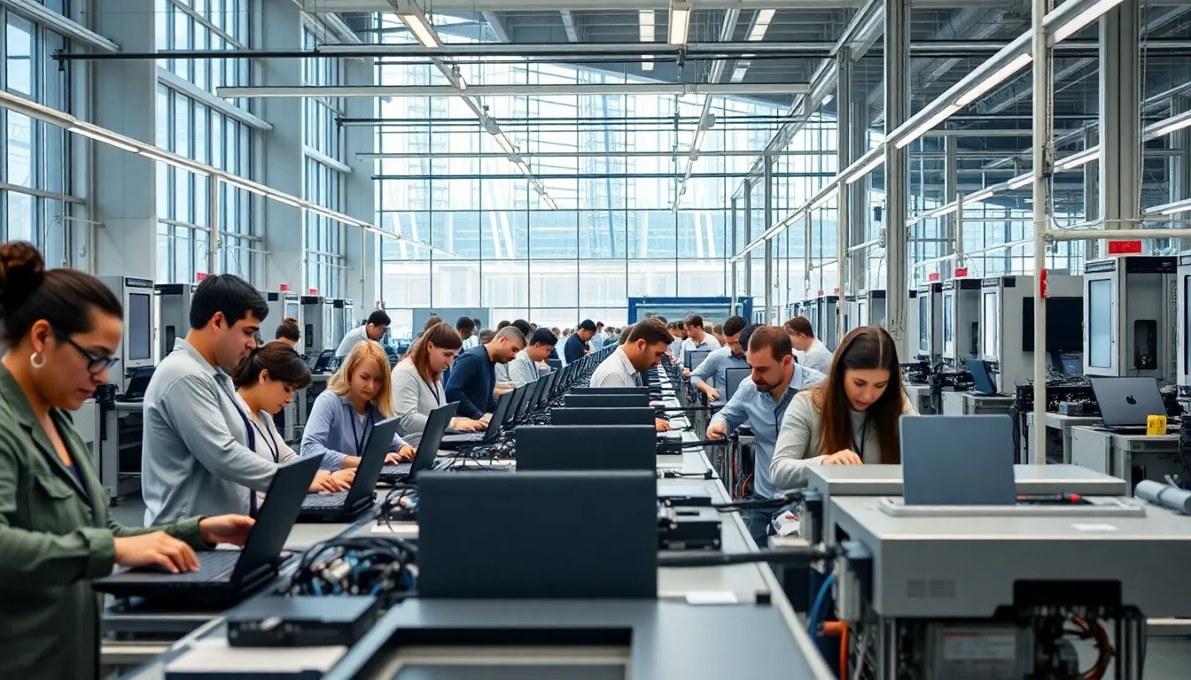 workers assembling HP laptops in a modern manufacturing facility.