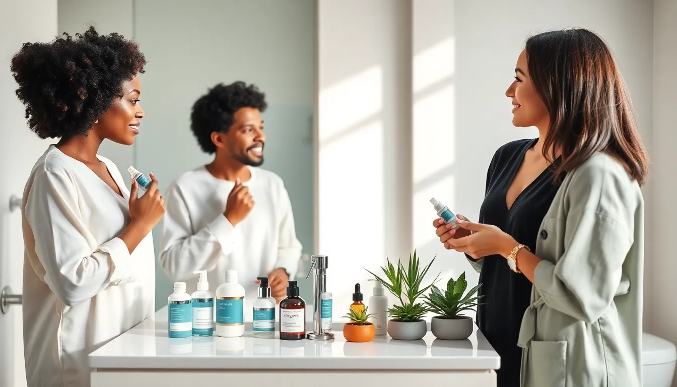 diverse group discussing beginner skincare routines in a modern bathroom.