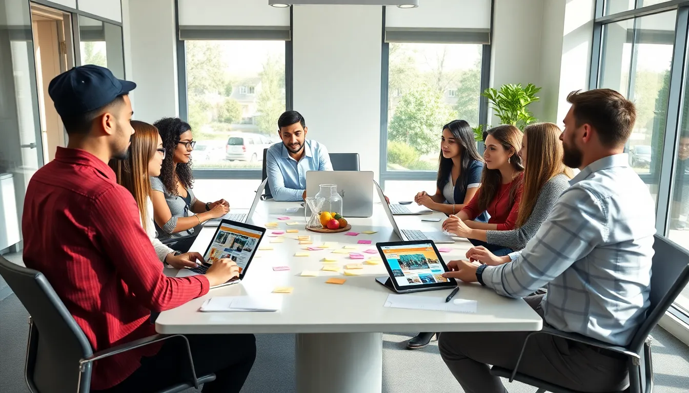 diverse team collaborating on #Redwebzine in a modern office.