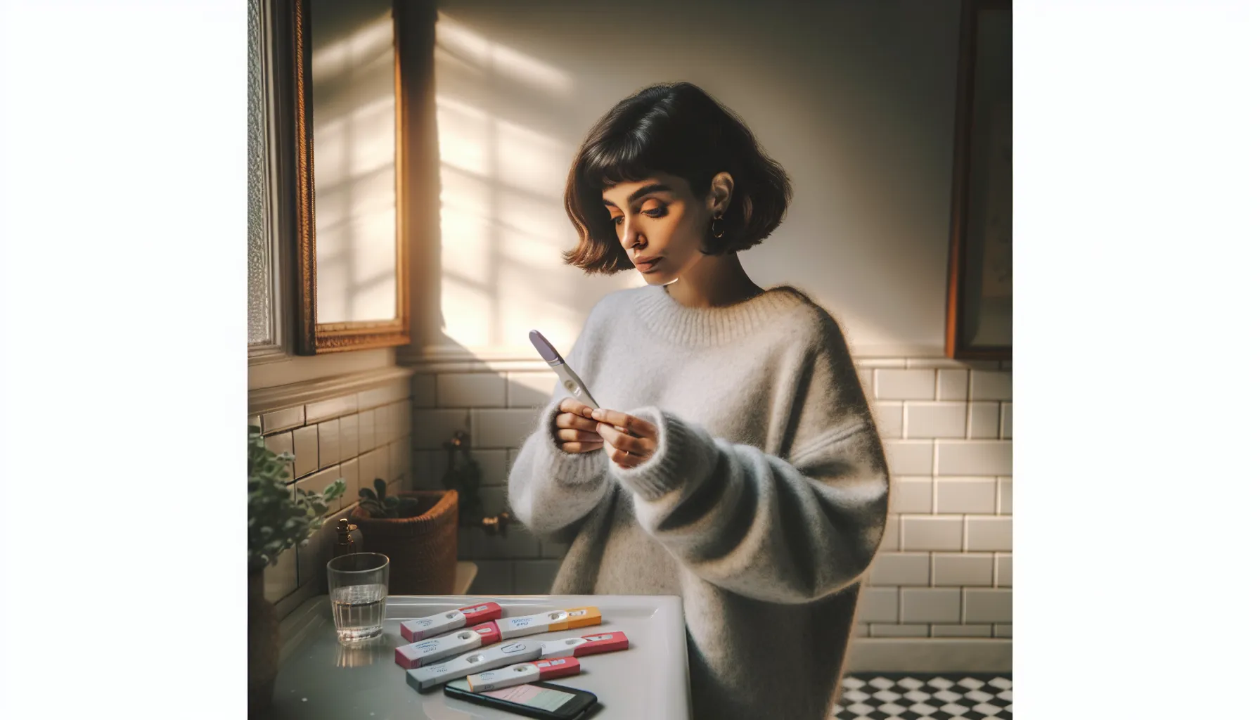 a young woman in a bathroom holding a pregnancy test, looking thoughtful.