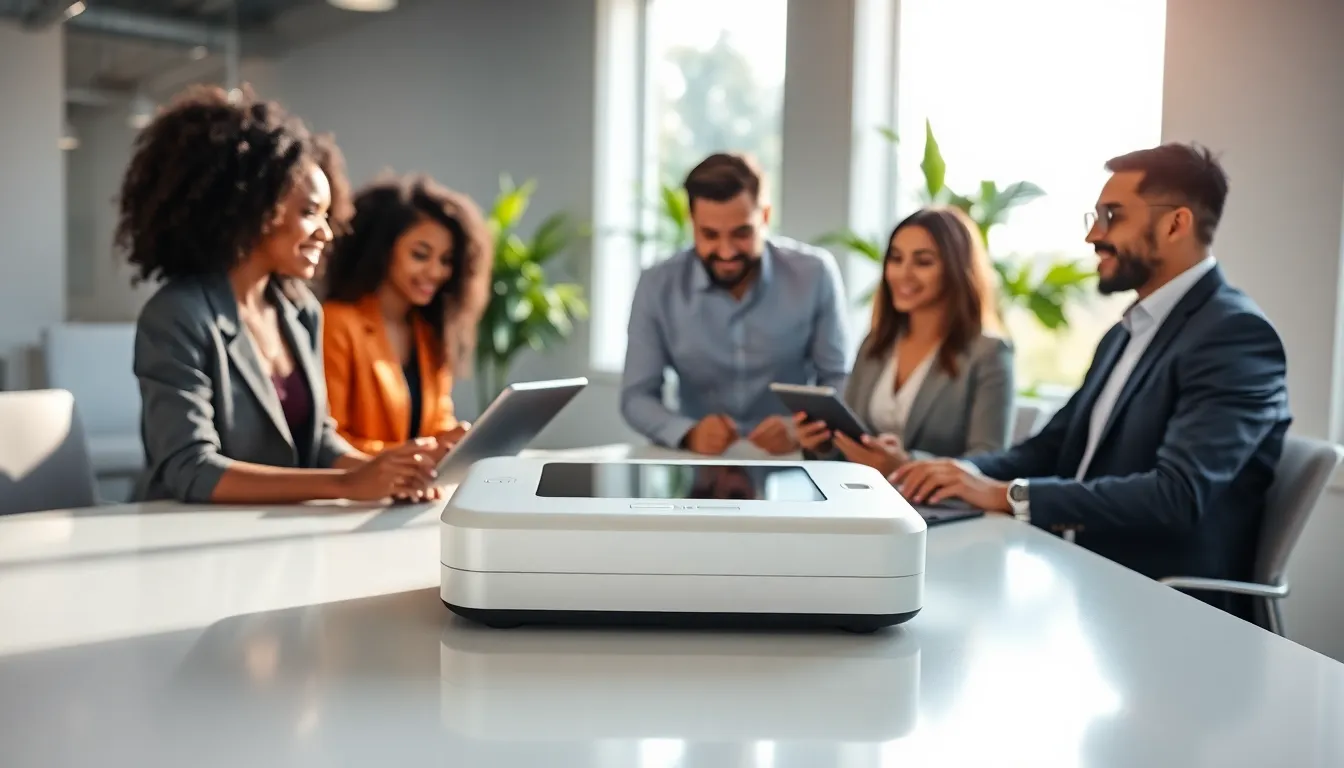 professionals collaborating around the Lopalapc2547 device in a modern office.