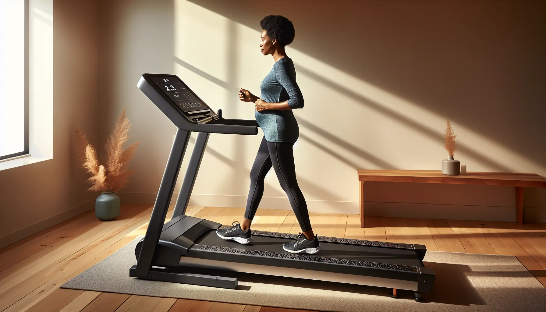 Pregnant woman walking on a wide-belt treadmill with sturdy handrails at home.