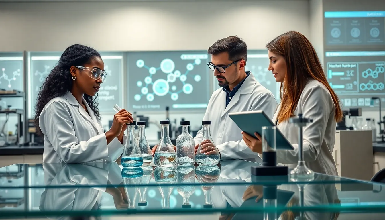 diverse team in a modern lab working on Randigomer synthesis.