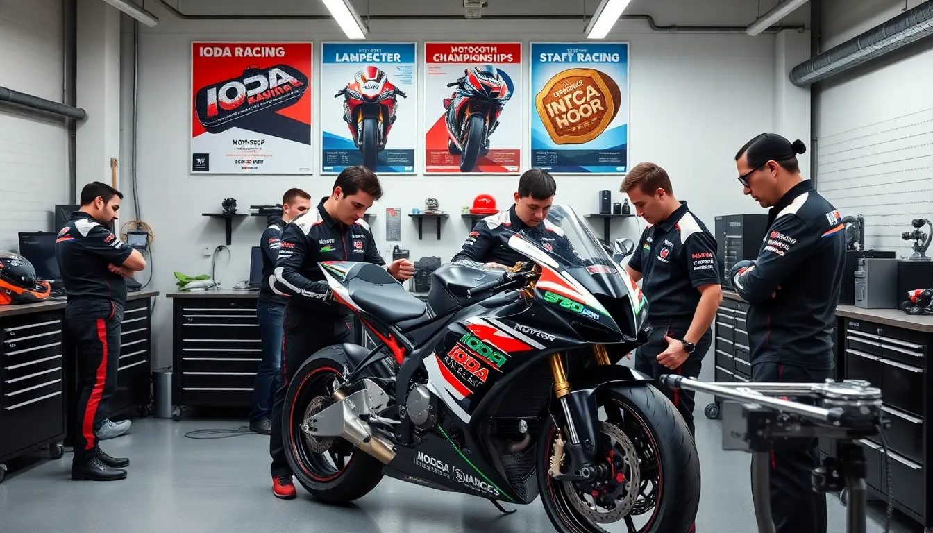 technicians collaborating on an Ioda-Suter motorcycle in a modern workshop.
