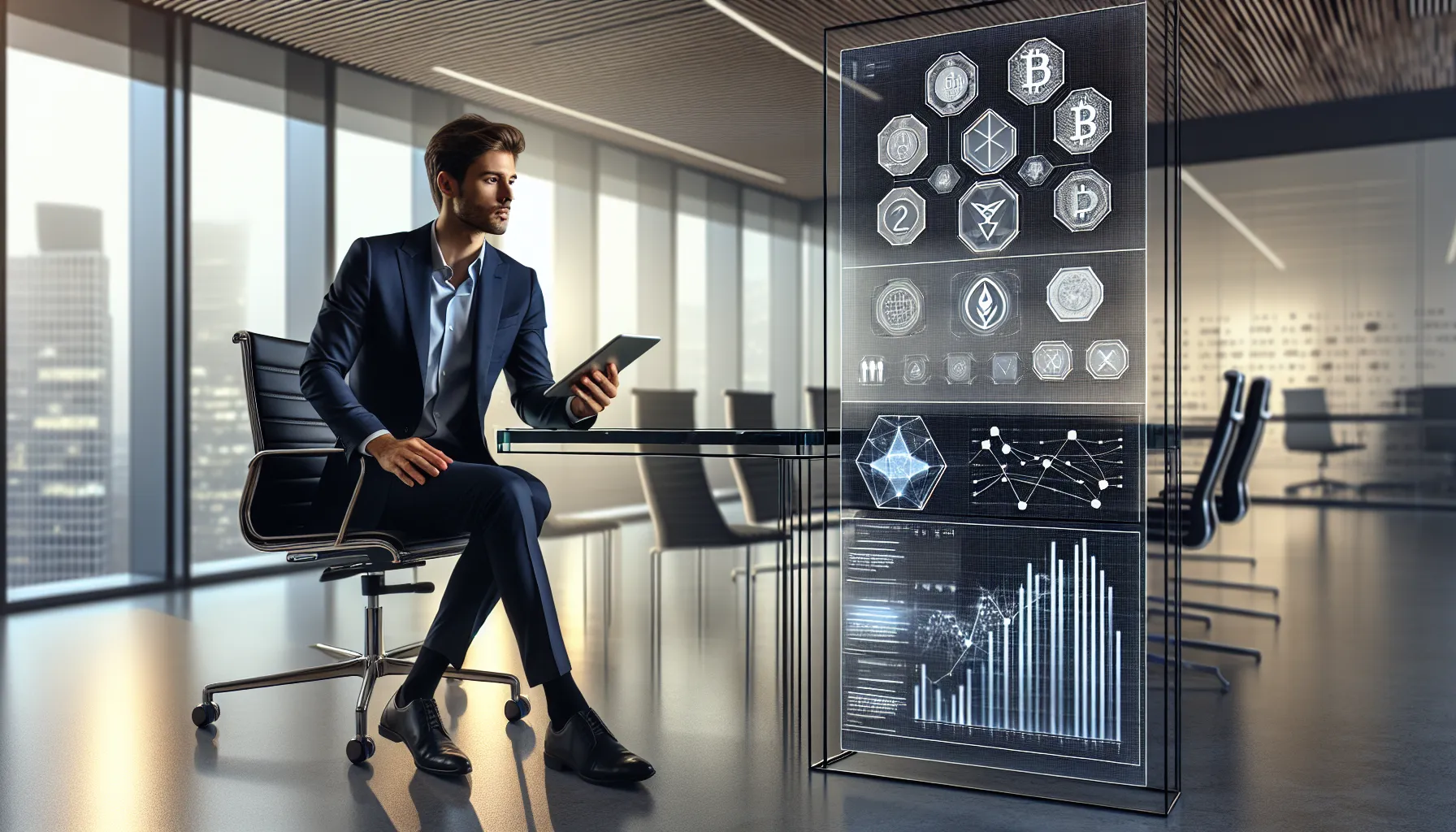 Financial analyst reviewing altcoin investment data on digital display in modern UK office.