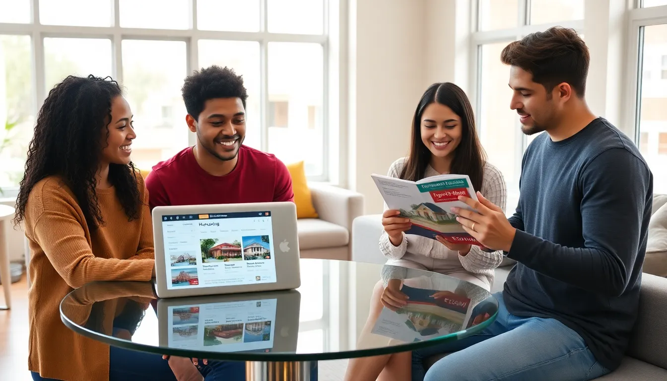 students discussing off-campus housing options in a modern apartment.