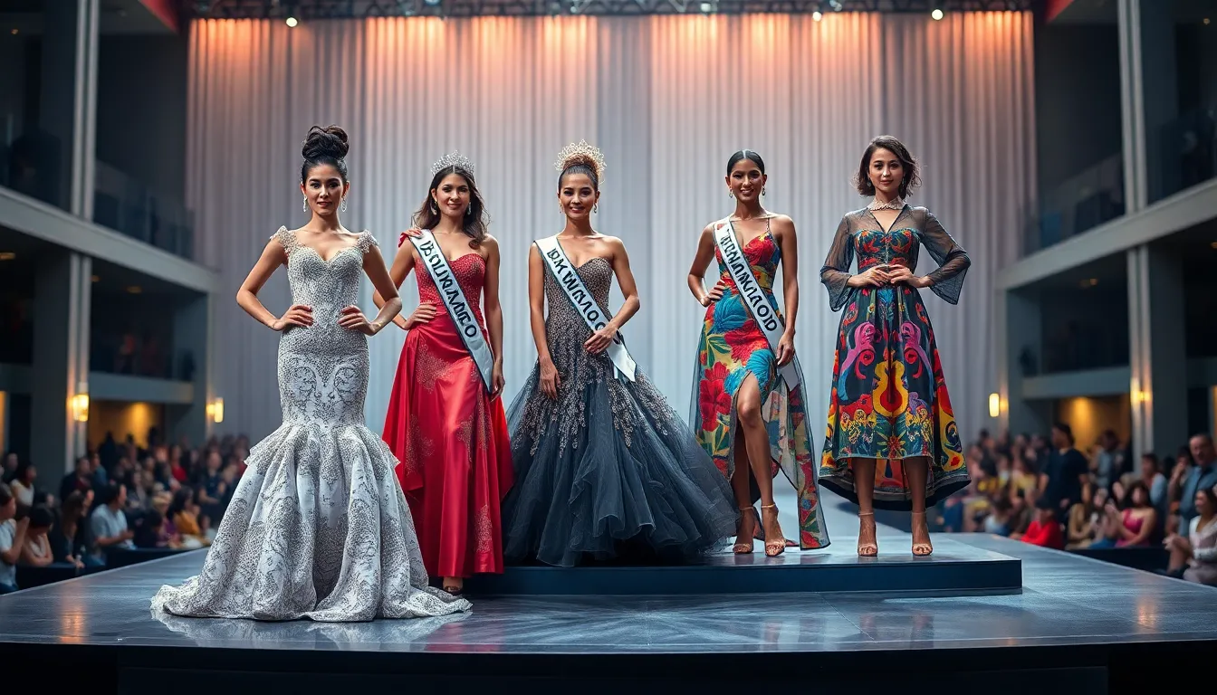 diverse contestants showcasing beauty pageant dresses through the decades.