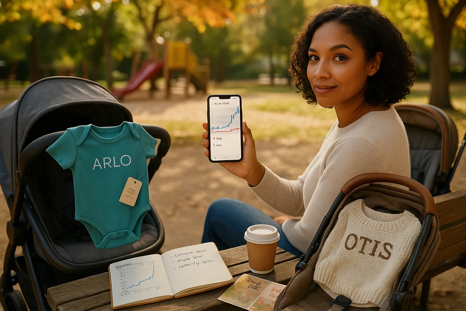 Parent reviewing baby-name trends with two strollers labeled Arlo and Otis