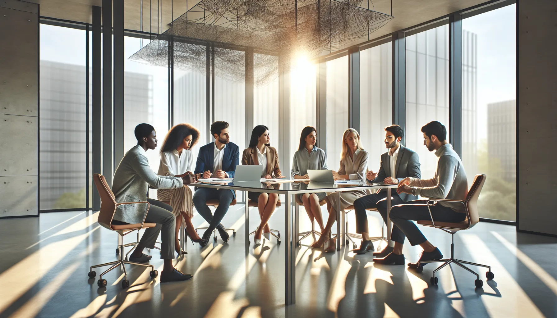 diverse professionals discussing Yjnbyj in a modern office.