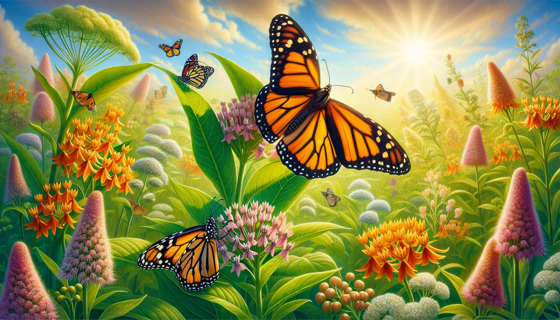 A Monarch and a Viceroy butterfly in a sunny meadow.
