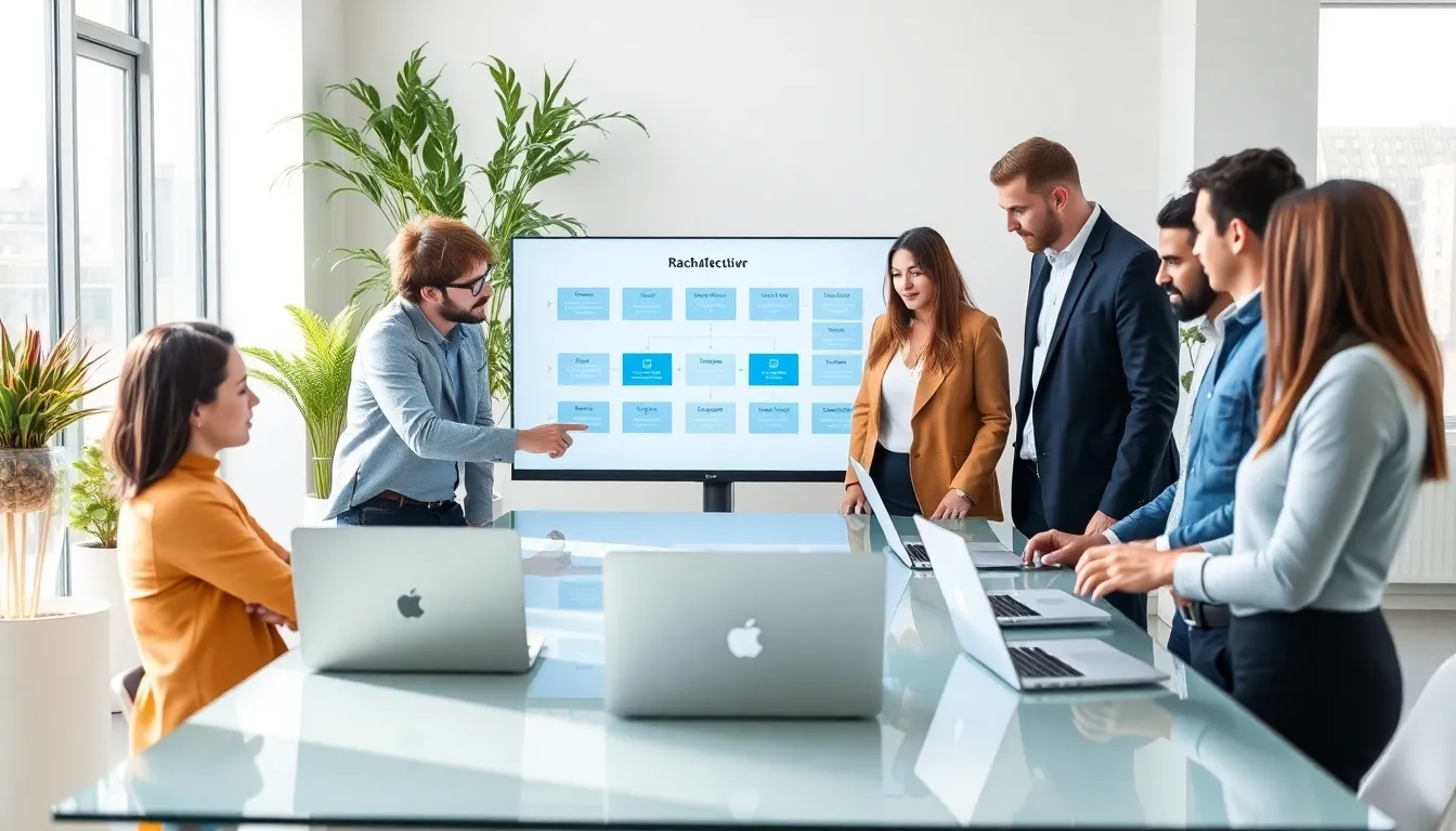 diverse team collaborating on software development in a modern office.