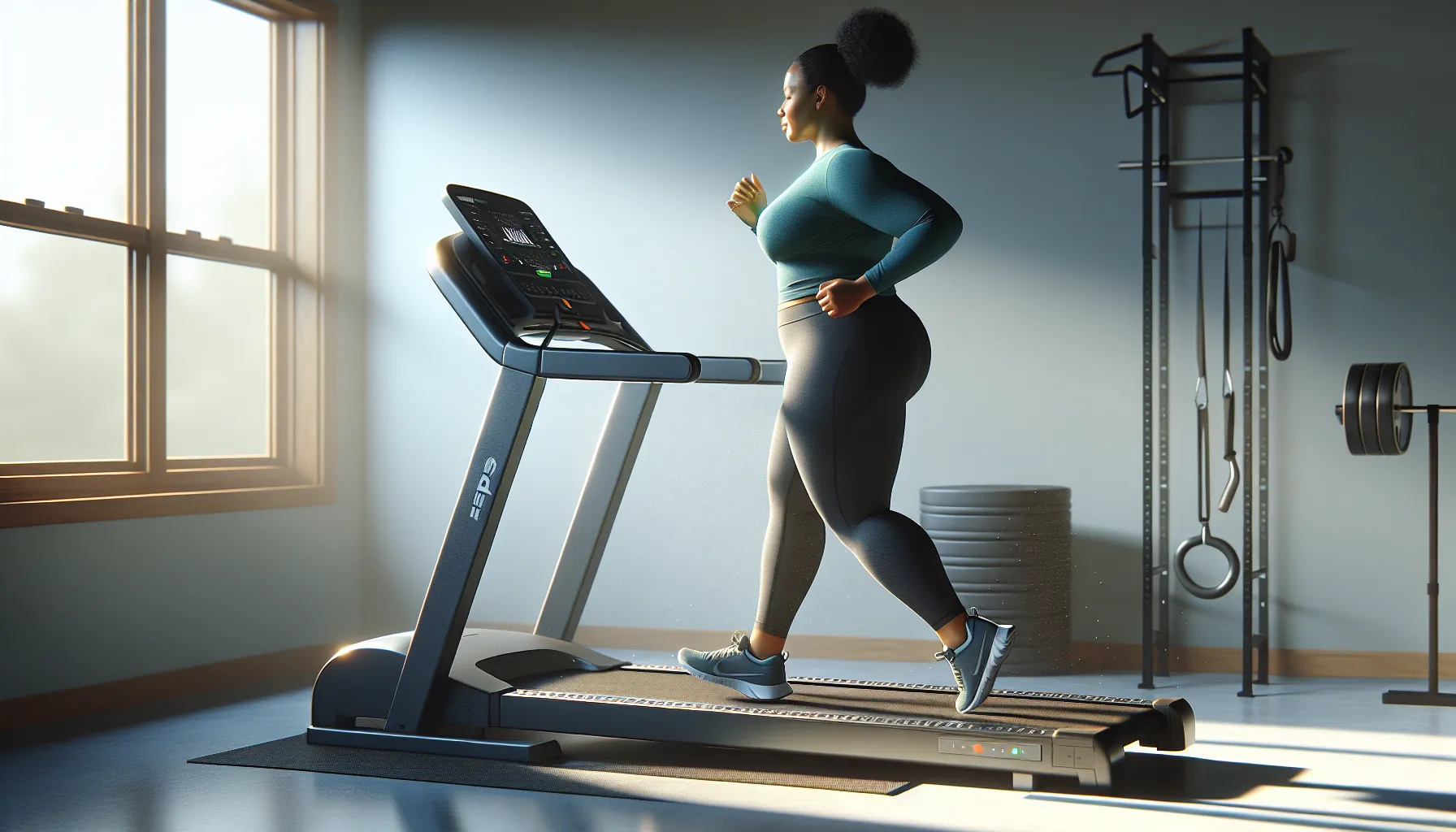 Plus-size woman jogging on a sturdy long-deck home treadmill in sunlight.