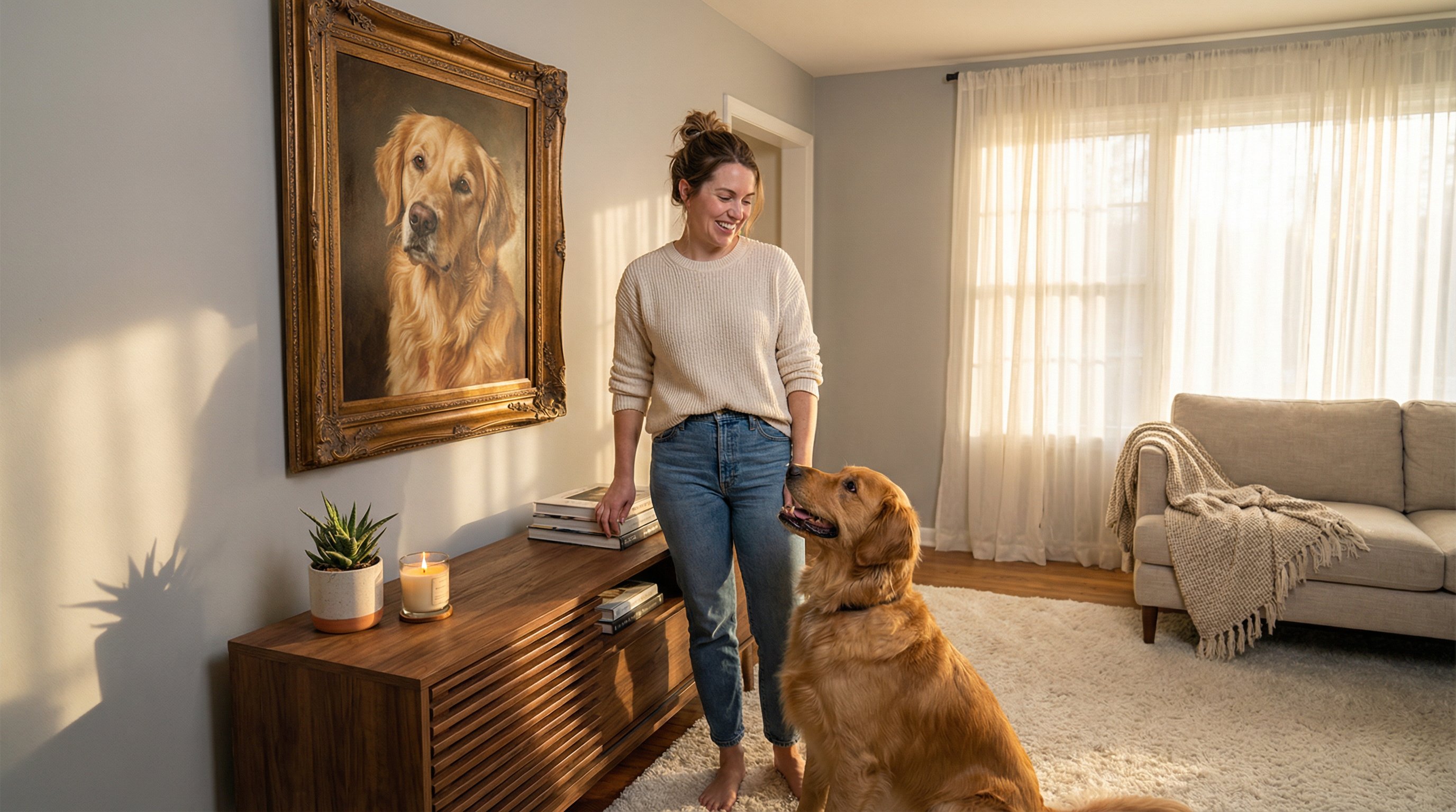 Woman admiring a custom oil-painting portrait of her Golden Retriever in a living room.