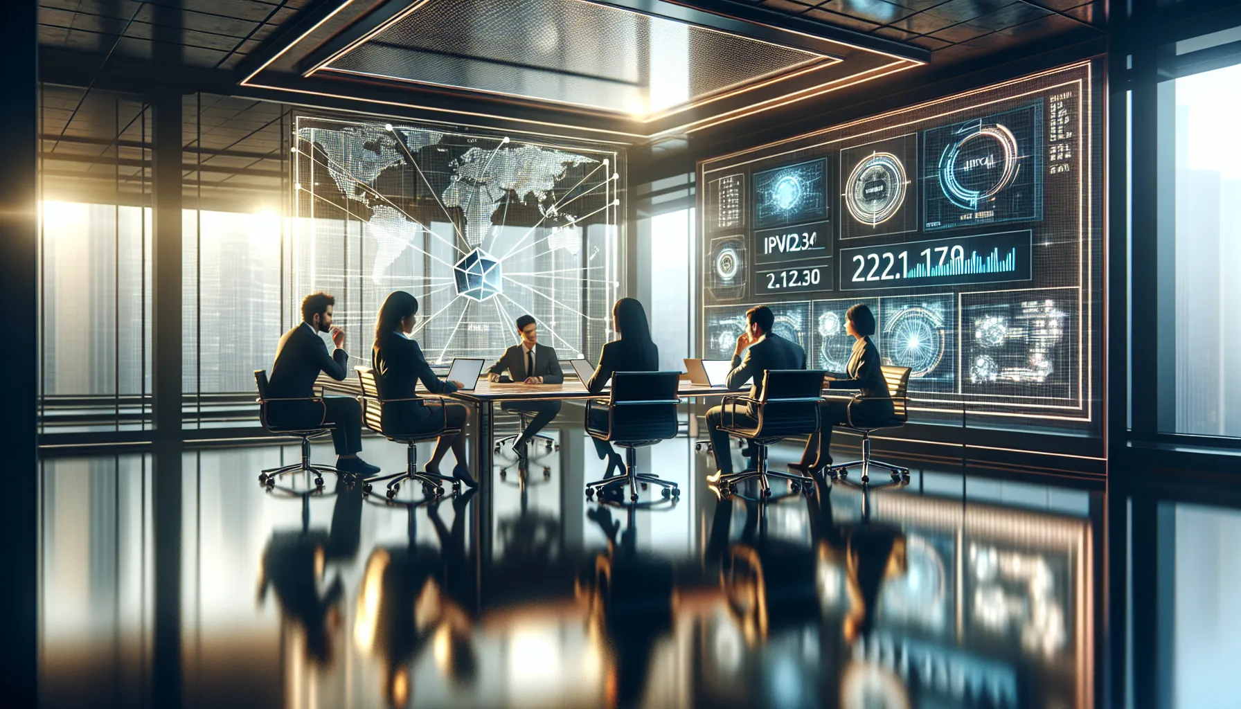 professionals discussing IP addresses in a modern office.