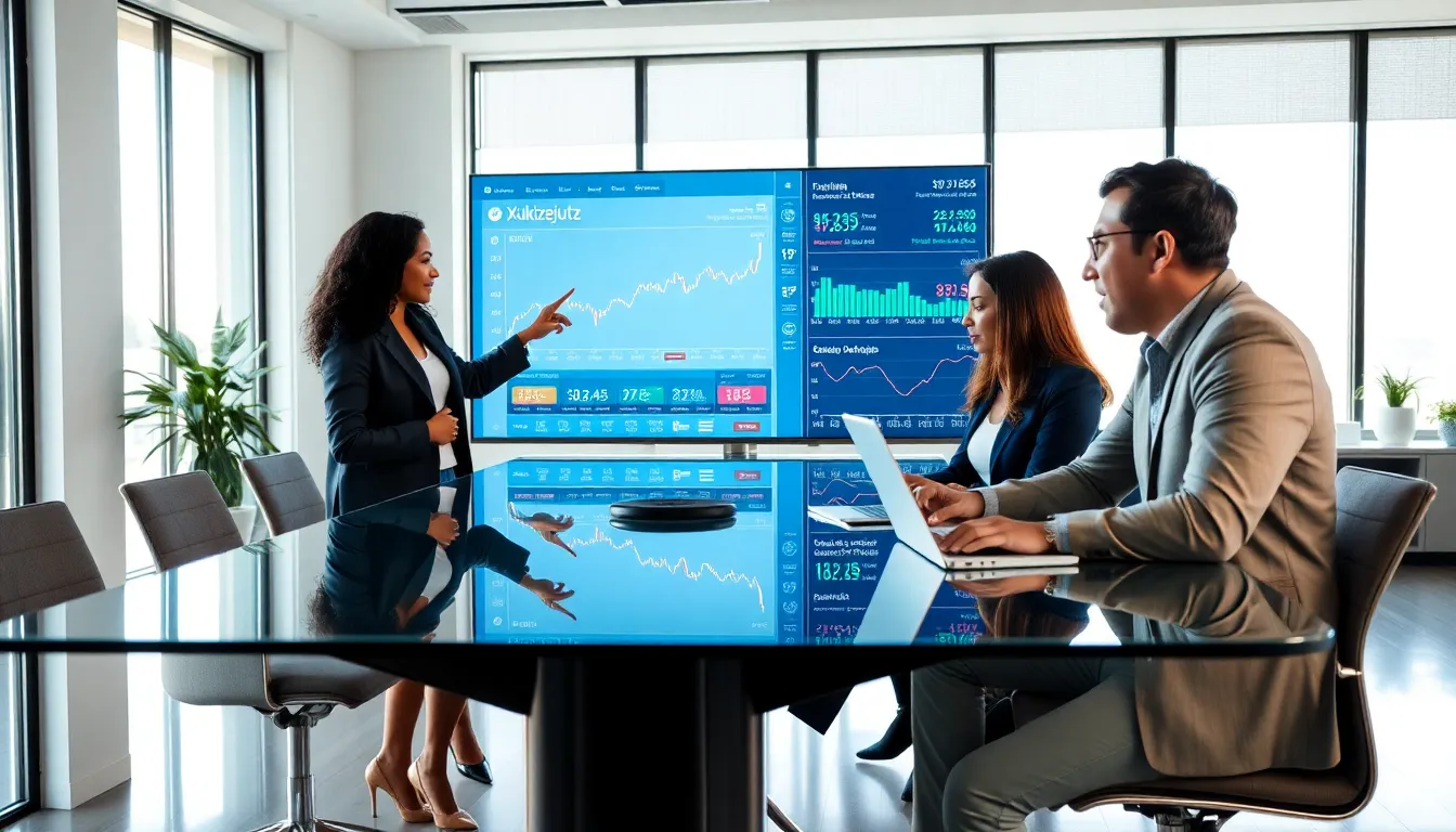 diverse team analyzing stock information in a modern office.